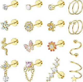 LOYALLOOK 18PCS Cartilage Earring Stud for Women Surgical Steel Flat Back Earrings Couch Hoop Piercing Opal Flower Sanke Helix Tragus Piercing CZ Cartilage Earring Piercing