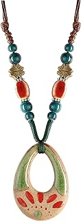 Bohemian Inspired Ceramic Oval Pendant Necklace with Cord Chain, Ideal Statement Accessory for Women, Eco-friendly Ethical Fashion