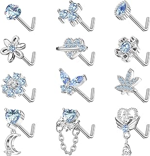 Sanfenly 12Pcs 20G Nose Rings L Shaped Nose Studs for Women Stainless Steel CZ Heart Butterfly Flower Leaf Moon Dangle Nose Studs Piercing Jewelry Pink/Purple/Blue/Clear