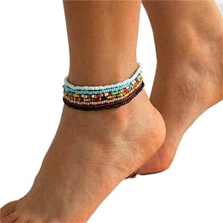 Blistar 7pcs Elastic Seed Beads Ankle Bracelet Boho Layered Colorful Weave Anklets Retro Summer Anklet Charm Boho Hand Made Dainty Foot Jewelry for Women