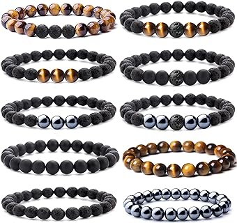 Spring Ring Clasp Lava and Onyx Bead Chain Bracelet, Perfect for Men and Women, Designed as Essential Oil Diffuser and Stress Relief Accessory