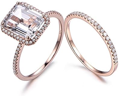 White Topaz Engagement Ring Set 14k Rose Gold 8x10mm Emerald Cut Gem Stone Halo Diamond Pave Wedding Band