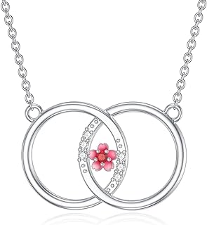 Lab Grown Diamond and Cubic Zirconia Circle Necklace with Cable Chain for Women and Girls, Sterling Silver Cherry Blossom Pendant Design