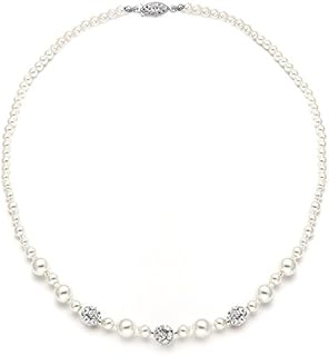 Brides' Mariell Pearl Necklace with Rhinestone Crystal Fireball and Rhodium-Plated-Brass Chain, 16"" - Elegant Bridal & Wedding Jewelry