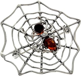 Genuine Baltic Amber & Sterling Silver Exclusive Spider on the web Brooch - 4039