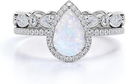 1.75 Carat (ctw) Pear Shaped Opal and Moissanite Wedding Ring Sets for Women 925 Sterling Silver 10K 14K 18K Gold Halo Engagement Ring Sets with Text Engraving