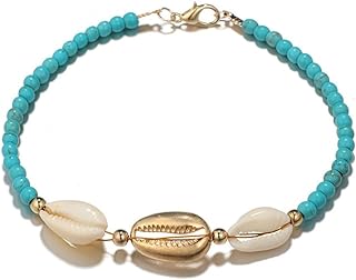 Gold Shell Cowrie Ankle For Women Girls Handmade Seashell Crochet Bracelet Boho Foot Barefoot Adjustable Sea Shell Blue Rice Bead Anklet Summer Hawaii Beach Parties Minimalist Jewelry Gifts For Teen