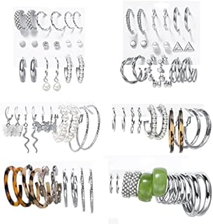 38 Pairs Silver Hoop Earring Sets for Women, Boho Dangling Earrings Pack, Acrylic Assorted Jewelry for Gift