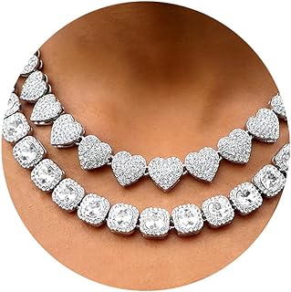 Women's 18+20'' Zinc Necklace, Clustered Diamond Tennis Chain & Heart Necklace Set, Hip Hop Jewelry, Gold, Cuban Link, for Female, Gifts