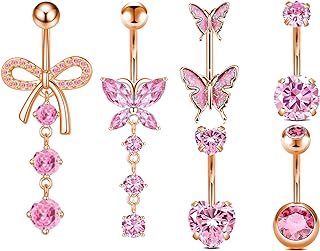 VLIEGEN 6PCS Pink Belly Button Ring Surgical Stainless Steel Belly Button Rings for Women Pink Dangle Belly Button Rings Heart Flower Butterfly Bow Dangling Belly Ring Pack