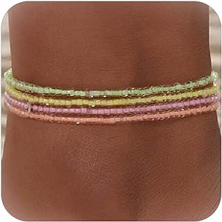 Boho Chic African Anklets with Bead Chain - 4 Piece Set of Luminous Beaded Ankle Bracelets for Women and Teens
