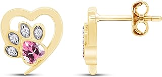14k Gold Plated Tourmaline Paw Print Stud Earrings with Push Back for Women, Heart and Round Design