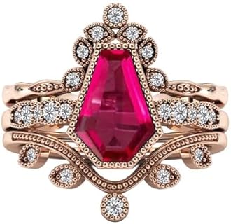 Vintage 3.5 CT Coffin Shaped Red Ruby Engagement Ring Set Antique Red Gemstone Ring Set 18k Gold Ruby Wedding Rings Set Art Deco Bridal Rings Set