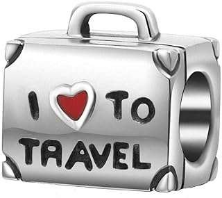Solid 925 Sterling Silver Travel Charm Bracelet with Red Enamel Heart Detailing for Pandora Lovers - Suitcase Design