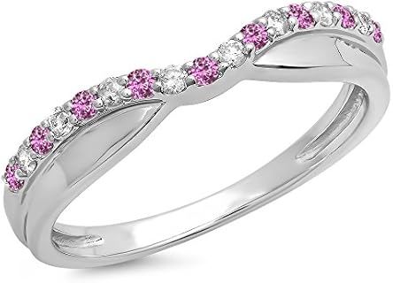 14K White Gold Band Ring with Round Cut Pink Sapphire & White Diamonds for Women, Dazzlingrock Collection's Anniversary/Wedding Contour Guard Design