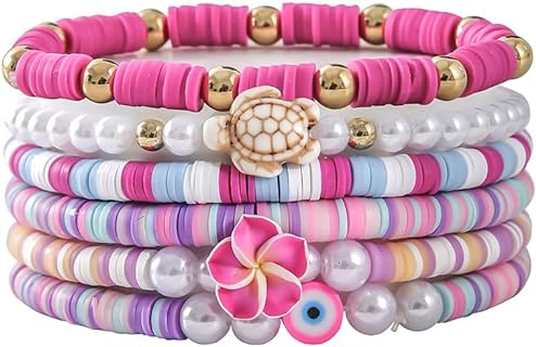 Women's Hawaiian Heishi Bead Stretch Bracelets Set with Bead Chain Featuring Stackable Clay Flowers & Boho Beads for Summer Beach Jewelry