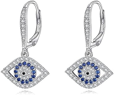 Leverback Sterling Silver Evil Eye Hoop Earrings for Women - Dangle Design Blue Evil Eye Earrings - Hypoallergenic Jewelry Gift for Girls