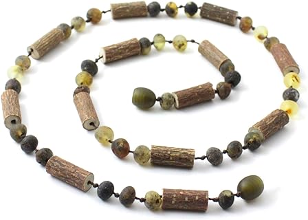 Unpolished Baltic Amber and Hazelwood Necklace for Adults - 17.7 Inches Long - Raw Green Beads