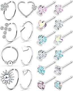 Kridzisw 18G 20G Nose Rings Hoop Stainless Steel L-Shaped Nose Rings Studs Screw Clear Clicker Retainer Tragus Cartilage Helix Earrings Piercing Hoop 36pcs