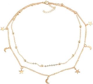 Moon and Star Choker Necklace with Lobster Clasp for Women and Girls, Unique Double Chain Gold Alloy Design by Olbye