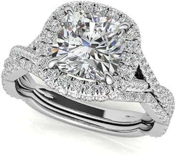 3 CT Cushion Cut Bridal Rings Sets Moissanite VVS Colorless Engagement Ring for Women Her Wedding Gift Anniversary Promise Ring 925 Sterling Silver Split Shank Halo Antique Pave