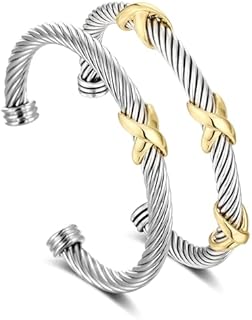 2 Pcs Cuff Bracelet for Women Cable Wire Bracelet - Stainless Steel Two Tone Twisted Bangle - Silver Cuff Knot Vintage Bracelets Jewelry Gifts