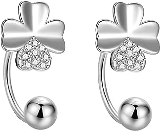 SLUYNZ Sterling Silver Clover Leaf Half Hoop Earrings for Women Teen Girls Leaf Open Hoop Earrings Huggie Cartilage Helix Piercing Earrings Ball Screw Backs