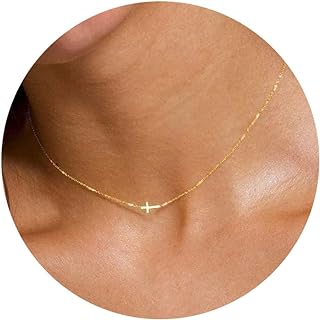 Foxgirl Dainty Gold Plated Cross Necklace for Women with Lobster Clasp and Cable Chain, Yellow Gold Sideways Cross Choker