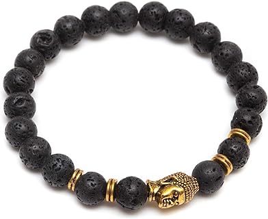 ZENGER Men's Unisex Buddha Beaded Box Chain Stretch Bracelet with 8mm Black Lava Stone & Gold Charm- Ideal Gift