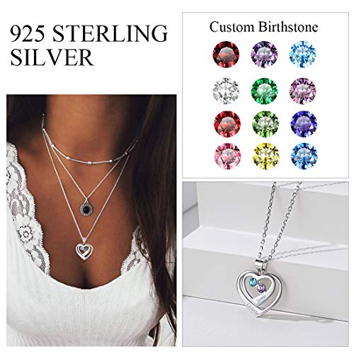 Custom Name Necklace Heart Pendant with 1-5 Names and Birthstone 925 Sterling Silver 18K Gold Plated Personalized Name Plate Birth Stone Necklaces BFF Family Necklace