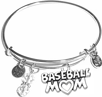 Hidden Hollow Beads Women's Stainless Steel Message Charm Expandable Wire Bangle Bracelet, Very Popular and Stylish, Arrives in a Gift Bag. (Baseball Mom)