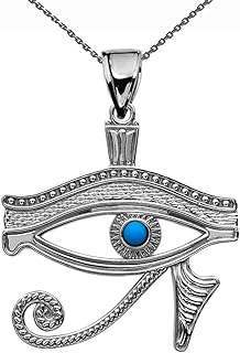 Spring Ring Clasp, USA-Made Sterling Silver Egyptian Eye of Horus Pendant Necklace with Rolo Chain and Lab-Created Turquoise Gem, for Men and Women, Ancient Design