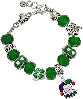 Delight Jewelry Silvertone Mardi Gras Jester - Green Irish Luck Bead Charm Bracelet, 7.5"
