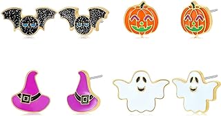 Push Back Halloween Brass Stud Earrings Set by Sloong for Women, Featuring Pumpkin/Ghost/Skull/Monster Designs