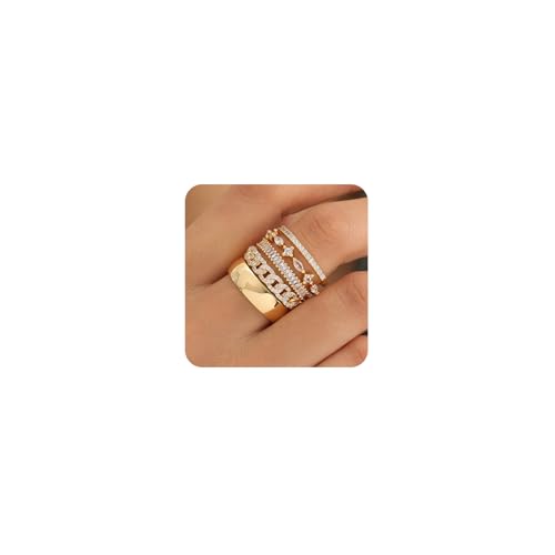 FUNEIA Stackable Gold Rings for Women Non Tarnish Trendy Dainty 14K Gold Plated Stacking Cubic Zirconia Thumb Ring Set Pack Statement Chunky Band Rings Promise Engagement Rings Size 7 8 9 10 11