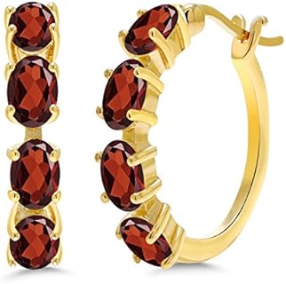 18K Yellow Gold Plated Silver Genuine Red Garnet Hoop Earrings with Hinge Notched Post for Women, Oval Design 6x4MM