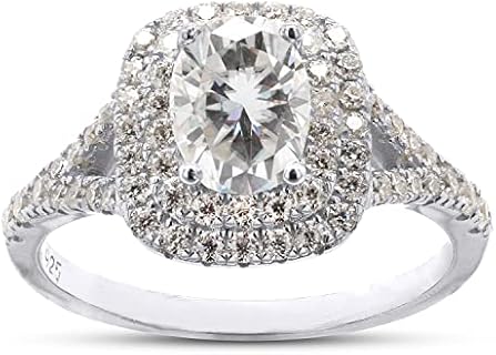 SAVEARTH DIAMONDS 1 1/2 ct. t.w Center 5X7MM Oval Cut Lab Created Moissanite Diamond Double Halo Engagement Ring For Women In 14k Gold Over Sterling Silver (G-H Color, VVS1 Clarity, 1.50 Cttw)