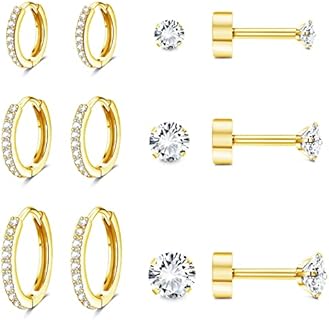 Screw-Back 14K Gold Plated Stainless Steel Hoop Earrings for Multiple Piercings by FASACCO - Versatile Set with Studs and Cartilage Rings