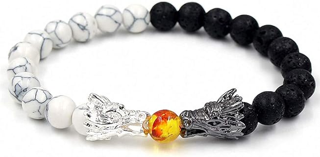 Unisex Dragon Bracelet with Natural Volcanic Stone, White Pine Wood and Topaz Beads - Bead Chain with Spring Ring Clasp