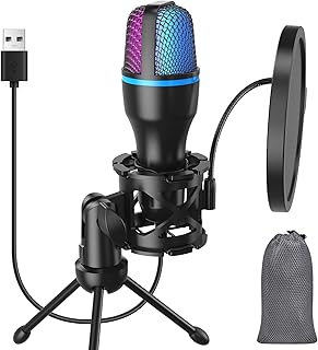 Hompower USB-Mikrofon für PC-Gaming - Einsteiger Cardioid-Kondensatormikrofon mit Dreibeinstativ, Pop-Filter und RGB-Beleuchtung, ideal für Streaming, Podcasting und Gesangsaufnahmen