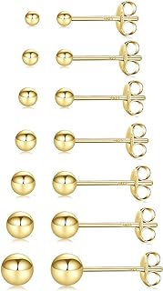 Fcebsty 7 Pairs 14K Gold Studs Earrings 925 Sterling Silver Post Ball Stud Earrings for Women Cartilage Earring Small Gold Stud Earrings for Women Real Gold Ball Studs Nap Earrings 2-8mm
