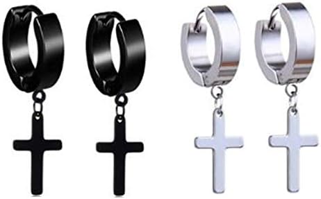 2 Pairs Fashion Sterling Silver Cross Dangle Earrings for Women Mens 1.2inch（Silver,Black）