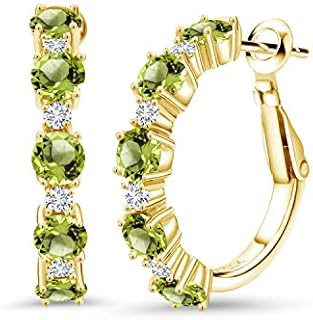 Chic Yellow Gold Plated Silver Peridot Hoop Earrings with Lever Back Finding for Women, Round Diamond Design