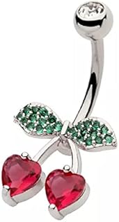 Pierced Owl 14GA 316L Stainless Steel Red CZ Crystal Heart Shaped Cherry Belly Button Ring