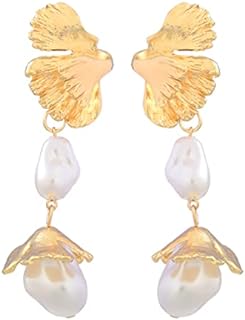 Fashion Exaggerated Pearl Flower Leaf Drop Long Earrings Large Floral Pearl Statement Dangle Earring Funky Sparkling Bride Jewelry for Women Girls Gift Gold/Silver Plated