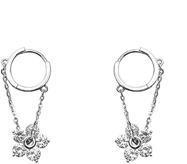 Tassel CZ Flower Dangle Drop Small Huggie Hoop Earrings for Women Little Girls Dainty 925 Sterling Silver Hypoallergenic Cartilage Cuffs Threader Chain Cute Little Hoops for Daughter Bff Birthday