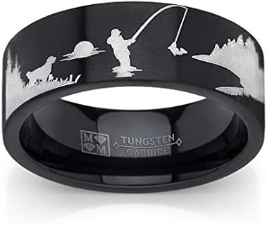 Metal Masters Men's Co. Black Tungsten Trout Lake Fly Fishing Enthusiasts Ring, Outdoor Scenery Band 8mm