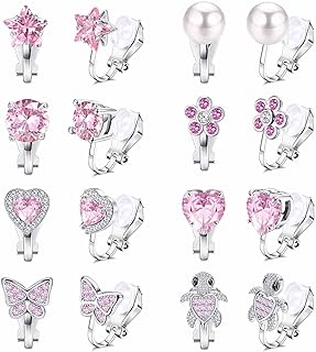 Disney-Inspired Clip-On Earrings Set with Colorful Cubic Zirconia Gems by Jstyle - Hypoallergenic Stainless Steel Non-Pierced Design - 8 Pairs in Heart, Flower, Butterfly & Pearl Themes