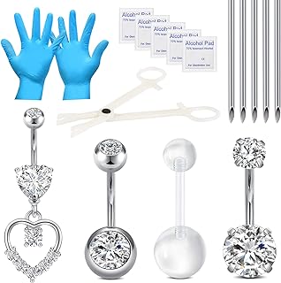 DJCIW Belly Button Ring Piercing Kit,Belly Button Piercing Kit Stainless Steel 14G Belly Button Rings Piercing Needles Disposable Piercing Clamps Set Navel Belly
