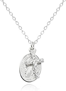 Cross and Virgin Mary Necklace for Women Miraculous Medal Layered Pendant Rhodium Silver Plated Stainless Steel Non Tarnish Jewelry Gifts for Catholic Christian [CN-CX-S]